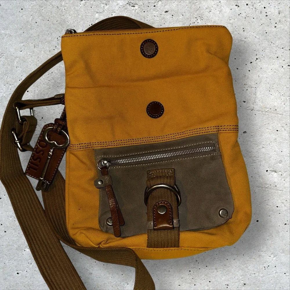 Vintage Fossil Cargo Shoulder Bag Purse Utility Hobo Canvas‎ Safari Yellow - Picture 2 of 16